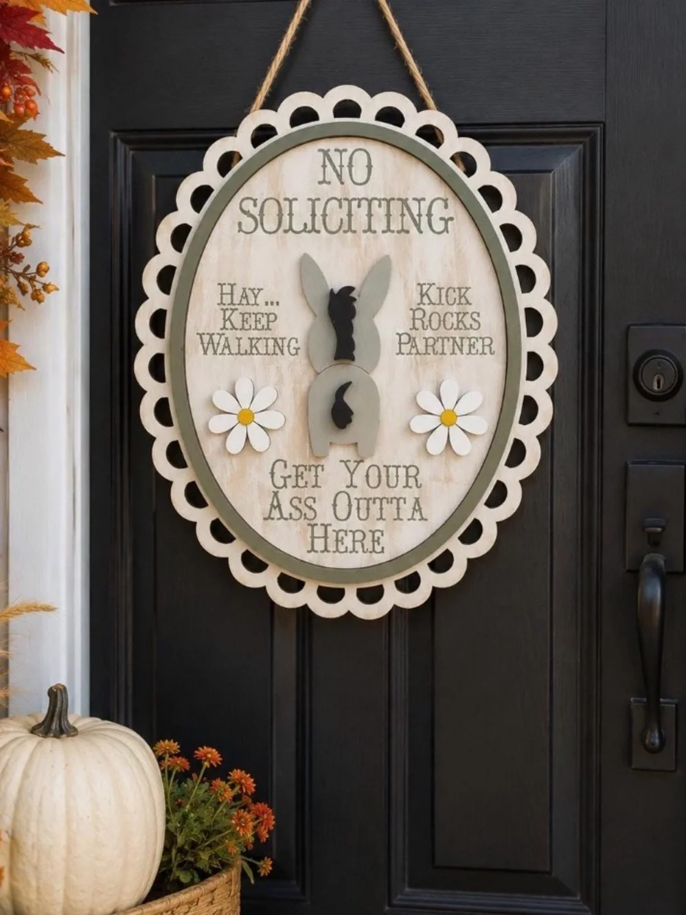 No Soliciting donkey door Sign - Neutral Decorative Door Hanger